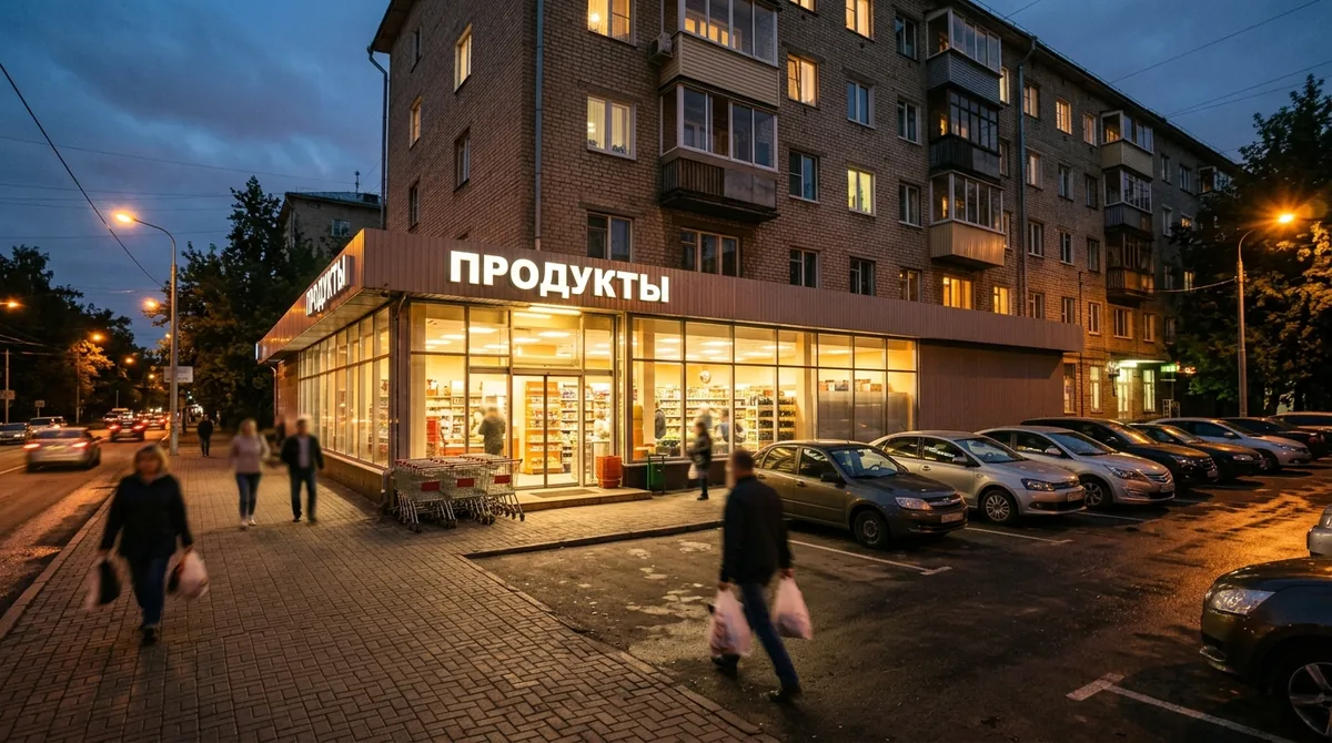 Сетевой магазин у дома на первом этаже жилого здания