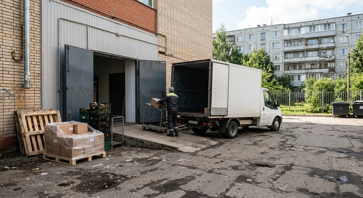 Зона разгрузки у торгового помещения продуктовой сети